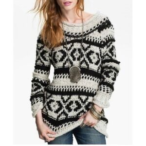 Free People Oversized Fair Isle Nordic Sweater Wool Blend Slit Hem Size Medium